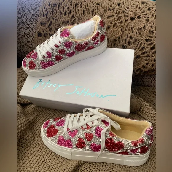 Betsey Johnson White Sneakers with Pink and Red Heart Crystals - Picture 2 of 3